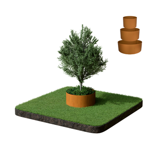 A small potted tree displayed on a square grassy base with exposed soil, alongside three stacked terracotta pots on a plain white background.