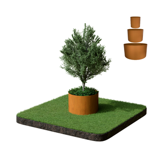 A cylindrical rust-orange metal ring planter holding a small green tree and low shrubs, shown on a square patch of artificial grass. Three additional planter rings are shown in a smaller inset at the top right on a white background.