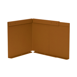 Two brown metal mounting brackets folded to form an L-shape corner, shown on a plain white background.