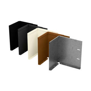 Four metal mounting brackets shown in a staggered lineup on a white background, featuring black, cream, brown, and textured gray finishes.
