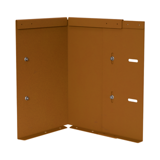 A pair of rust-orange metal mounting brackets folded together to form an L-shaped corner, shown on a solid white background.