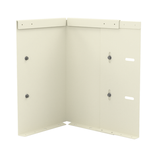 An off-white metal corner bracket with mounting holes and screws, shown on a solid white background.
