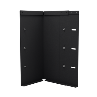Black metal mounting bracket with two vertical panels connected at the back, featuring pre-drilled screw holes and horizontal mounting slots, shown on a plain white background.