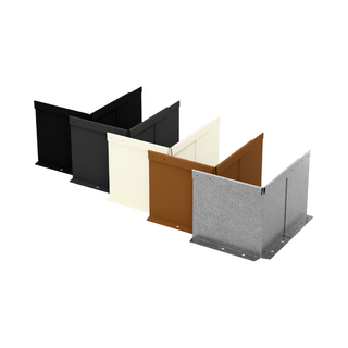 Five metal wall panels shown in different colors on a plain white background: black, dark charcoal, off-white, rust brown, and textured gray.