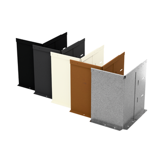Four metal panel assemblies shown in different finish colors: black, dark gray, off-white, copper brown, and textured gray, arranged in a diagonal row on a white background.