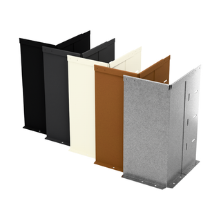 Five metal panel sections shown in different colors on a white background: black, charcoal gray, off-white, warm brown, and textured silver-gray.