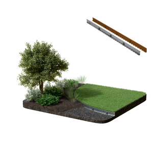 A landscaped garden bed mockup on a white background, featuring a small tree, shrubs, grass, mulch, and a raised border, with two long metal edging profiles shown above the bed.
