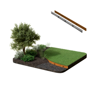 A 3D rendering of a raised garden bed kit, showing a landscaped garden bed with a tree, shrubs, grass, and soil, alongside two long metal edging profiles (one brown, one silver) on a plain white background.