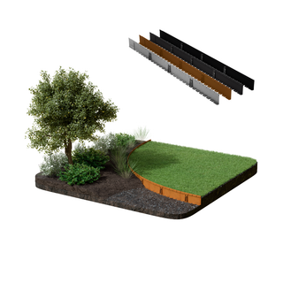 A landscaped garden bed mockup on a white background, showing a tree, shrubs, mulch, grass, and a raised garden bed, with four fence panel color options displayed above it.