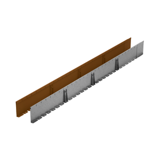 A long, narrow metal mounting bracket or strip shown at an angle on a plain white background. The product appears to have a silver-gray front plate with teeth or slots along one edge and a brown rear panel or backing.