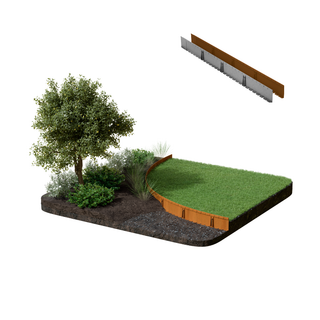 A raised garden bed kit shown on a white background, featuring a rectangular planter base with dark soil, green grass, a curved wooden retaining wall, a small tree, shrubs, and a separate angled view of the wooden paneling above.
