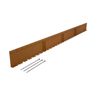 A long brown metal wall panel with a series of evenly spaced downward teeth or hooks along the bottom edge, shown on a plain white background with two long metal screws placed below it.