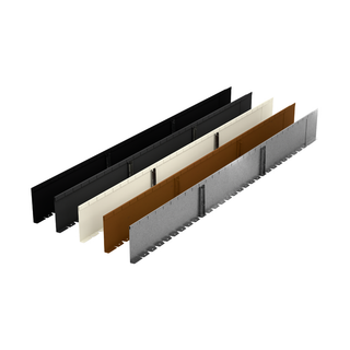 Five long rectangular metal guard rails or trim strips shown in a staggered stack on a plain white background. The visible colors are black, off-white/cream, brown, and silver-gray.