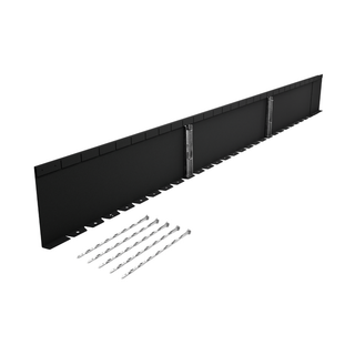 A long black metal mounting bracket or panel shown at an angle on a white background, with six silver drill bits placed below it.