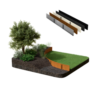 A 3D rendering showing a landscaped garden bed with a tree, shrubs, grass, and a curved wooden retaining wall, alongside floating panel options for the fence/wall in different colors on a white background.