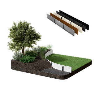 A landscaped garden bed cross-section with a curved white retaining wall, green grass, mulch, gravel, shrubs, and a tree, shown on a white background with four material sample strips above.