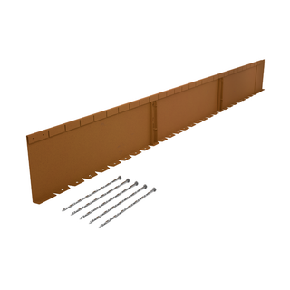 A long, flat brown wall panel with a series of evenly spaced downward teeth or notches along one edge, shown on a white background with five metal screws placed in front.