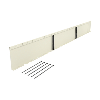 An off-white plastic or vinyl wall cladding panel shown at an angle with five dark metal screws placed in front, on a solid white background.
