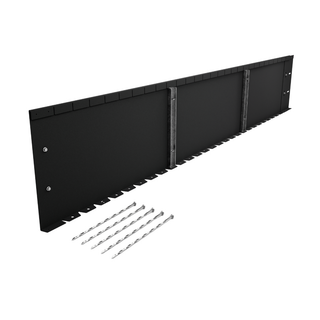 Black metal mounting bracket kit with silver screws and drill bits, shown on a solid white background.