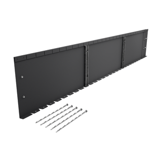 A long black metal mounting bracket or rack panel shown at an angle on a white background, with six silver drill bits placed below it.