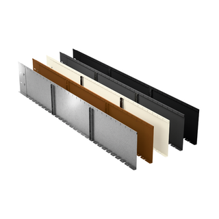 Four long rectangular wall panels shown in a staggered stack on a white background, with different finish/color options: silver, brown, cream, and black.