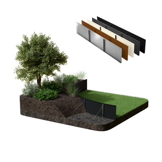 A 3D rendering showing a landscaped garden bed with a tree, shrubs, grass, and a black retaining wall, alongside a stack of material samples in different colors and textures on a white background.