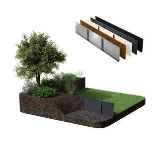 A 3D architectural rendering showing a modern landscape garden bed with a tree, shrubs, grass, and a dark gray panel fence, alongside a stack of four fence panel options at the top right on a white background.
