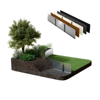A landscaped cross-section showing a curved metal retaining wall with grass, soil, plants, and a tree, alongside several vertical metal panel samples on a white background.