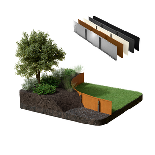 A 3D rendering showing a landscaped garden bed with a curved rust-orange metal retaining wall, green grass, soil, and a tree, alongside four layered metal panel options at the top on a white background.