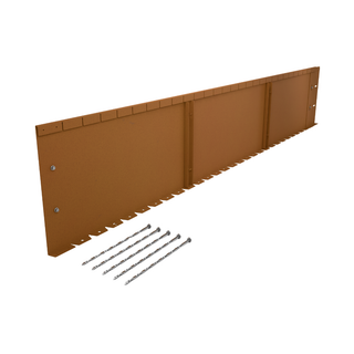 A long brown metal wall panel or siding board shown at an angle on a white background, with five metal screws placed in front.