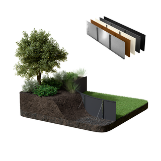 A raised garden bed panel system shown installed in a landscaped bed with soil, grass, shrubs, and a tree, alongside a stack of panel color/material options on a white background.