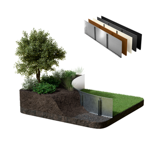 A curved metal landscape fence panel shown installed in a raised garden bed with soil, grass, and a tree, alongside a stack of the fence panel color options on a white background.