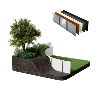 A landscaped demonstration of a curved white retaining wall with grass, soil, and a tree, shown alongside a stack of panel color/material samples on a white background.