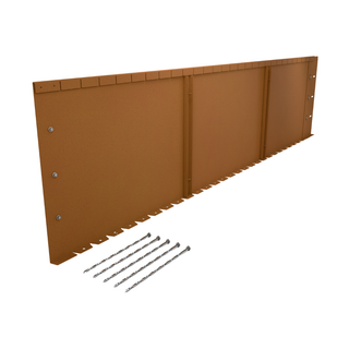 A brown metal wall panel system shown at an angle with five silver drill bits placed in front, on a plain white background.