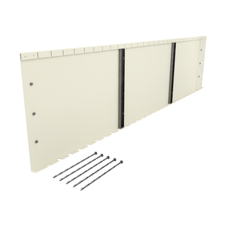 An off-white modular wall panel system shown at an angle with five dark metal screws placed in front, on a solid white background.