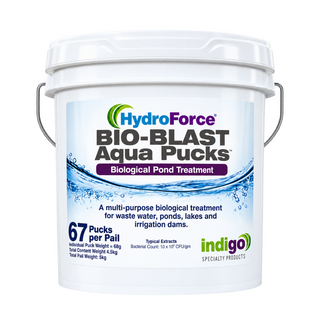 A white plastic bucket of HydroForce Bio-Blast Aqua Pucks Biological Pond Treatment with metal side handles, shown on a plain white background.