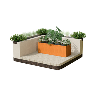 A modern raised garden bed planter with a terracotta orange rectangular central planter holding green plants, surrounded by a beige concrete planter wall with additional green plants on top, shown on a plain white background.