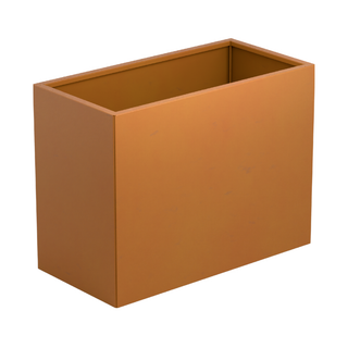 A rectangular metal planter with a warm coppery-orange finish, shown from a three-quarters perspective on a solid white background.