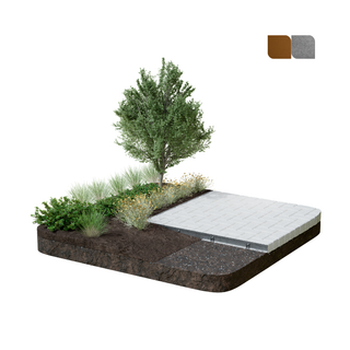 A landscaped rectangular sample bed showing a white paver surface, dark brown soil, gray gravel, green shrubs, ornamental grasses, and a small tree, isolated on a white background with two small color swatches in the top right.