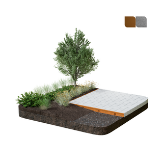 A landscaped garden bed sample with a small tree, shrubs, mulch, gravel, and a white textured mat or pad, shown on a plain white background with two small color swatches in the top right.