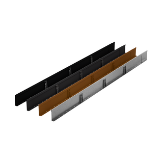 Three long metal channel profiles shown in parallel on a white background, with different finish options: black, dark gray, and silver with a warm bronze/copper center panel.