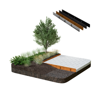A raised garden bed shown in an isometric 3D rendering, featuring a white quilted mattress-style top, a light wood frame, and a black metal frame. The bed is filled with soil, gravel, green grasses, and a small tree.