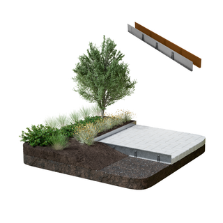 A raised garden bed kit shown as a 3D rendering on a white background, featuring a dark brown soil base, a light gray stone paver top, a green tree, and various green and yellow plants. An inset at the top shows a close-up of the metal frame support system.