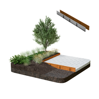 A raised garden bed kit shown in a 3D isometric rendering, featuring a white textured liner, orange-brown wooden frame, and a top-down view of the metal bracket system. The bed is shown filled with soil, grass, and a small tree on a white background.