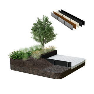 A rendered cross-section of a landscaped garden bed with a tree, grasses, soil layers, and a raised light-colored planter or patio structure, plus four slim material swatches shown above on a white background.