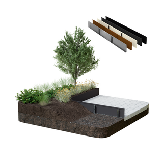 A 3D architectural rendering of a modern garden bed and planter box system, featuring a white textured top layer, dark gray metal base frames, a dark brown soil layer, and a gravel base. A small tree and various green and yellow ornamental grasses are planted inside.