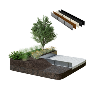 A 3D architectural rendering of a raised garden bed system, showing a cross-section with soil, plants, and a tree, alongside a floating inset of four different colored metal frame profiles on a white background.