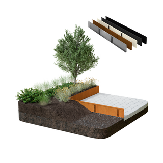 A 3D rendering of a raised garden bed system with soil, plants, and a tree, shown alongside four material/color profile swatches on a plain white background.