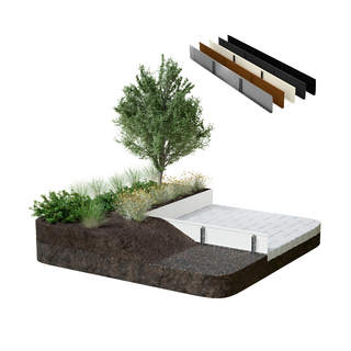 A 3D rendering of a landscaped terrace or garden bed with a raised white planter box, dark soil, grasses, and a small tree, shown on a white background with four material sample strips in the upper right.