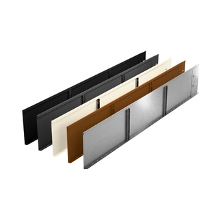 Five long rectangular metal panels shown in a staggered, exploded view on a plain white background. The panels are in different colors: black, dark gray, off-white, medium brown, and silver.